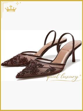 Mesh Embroidered Slingback Kitten Heels Backless Pointed Toe Wedding Pumps